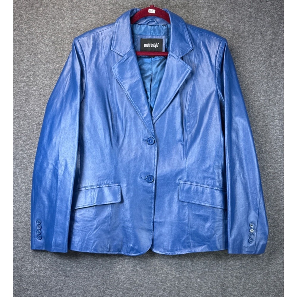 Metrostyle Leather Blazer Women 18 Blue Preppy 2 Button Notched Lapel Jacket EUC